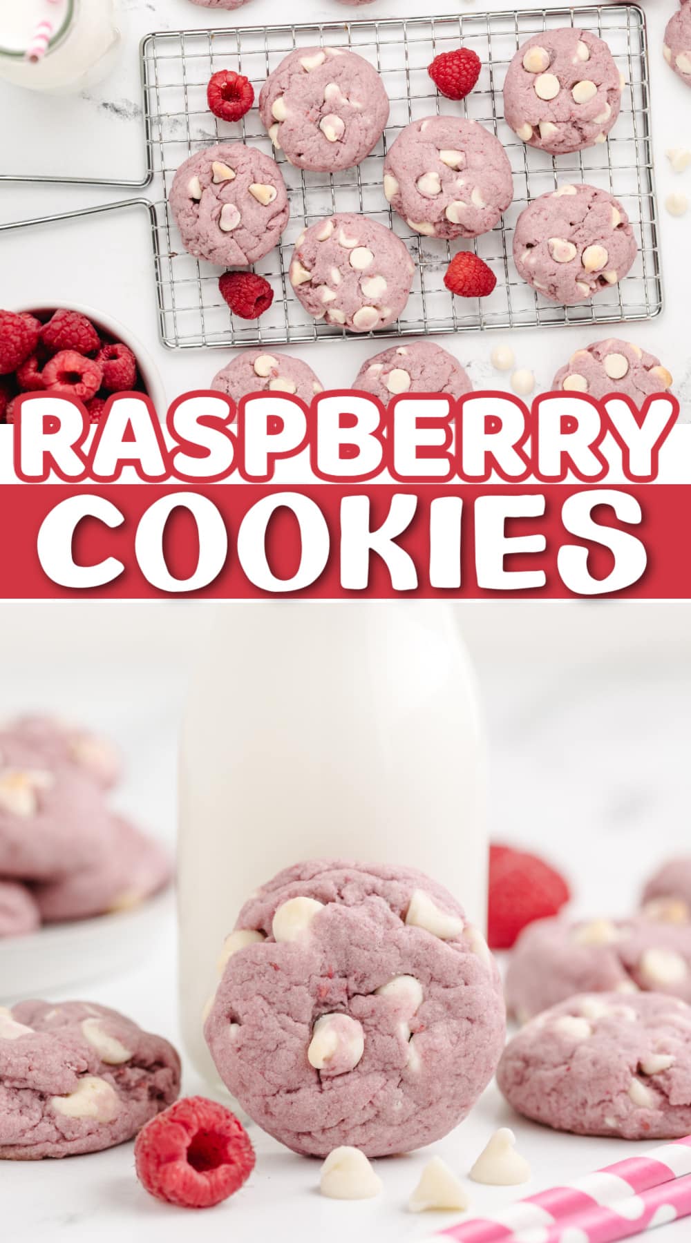 Raspberry Cookies made with frozen raspberries and white chocolate chips. Simple raspberry cookie recipe yields soft and chewy cookies that are perfectly pink! 