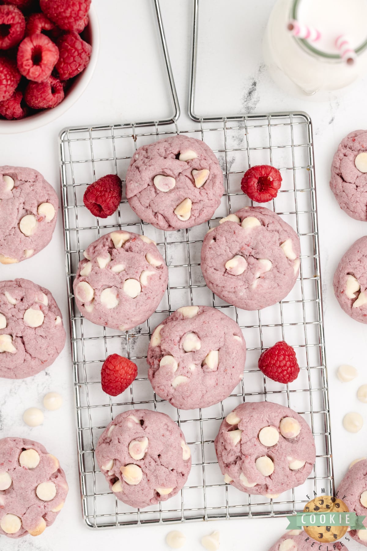 Cookies made with raspberries and chocolate chips. 