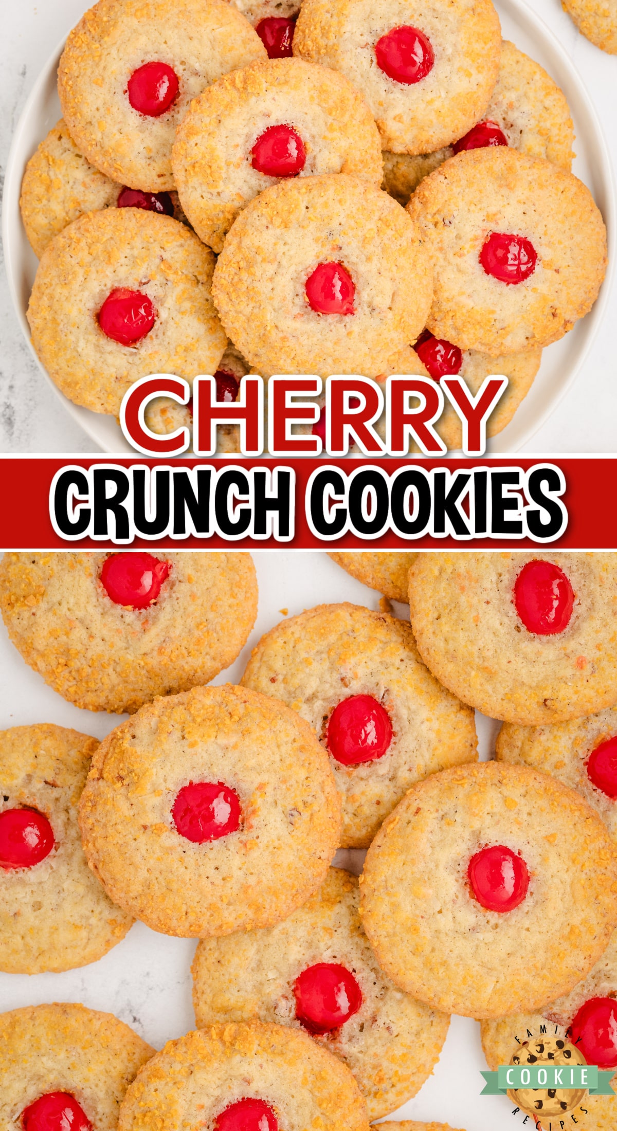 Cherry Crunch Cookies are a delicious combination of crispy cereal, shredded coconut & juicy cherries, which give them incredible texture and flavor!