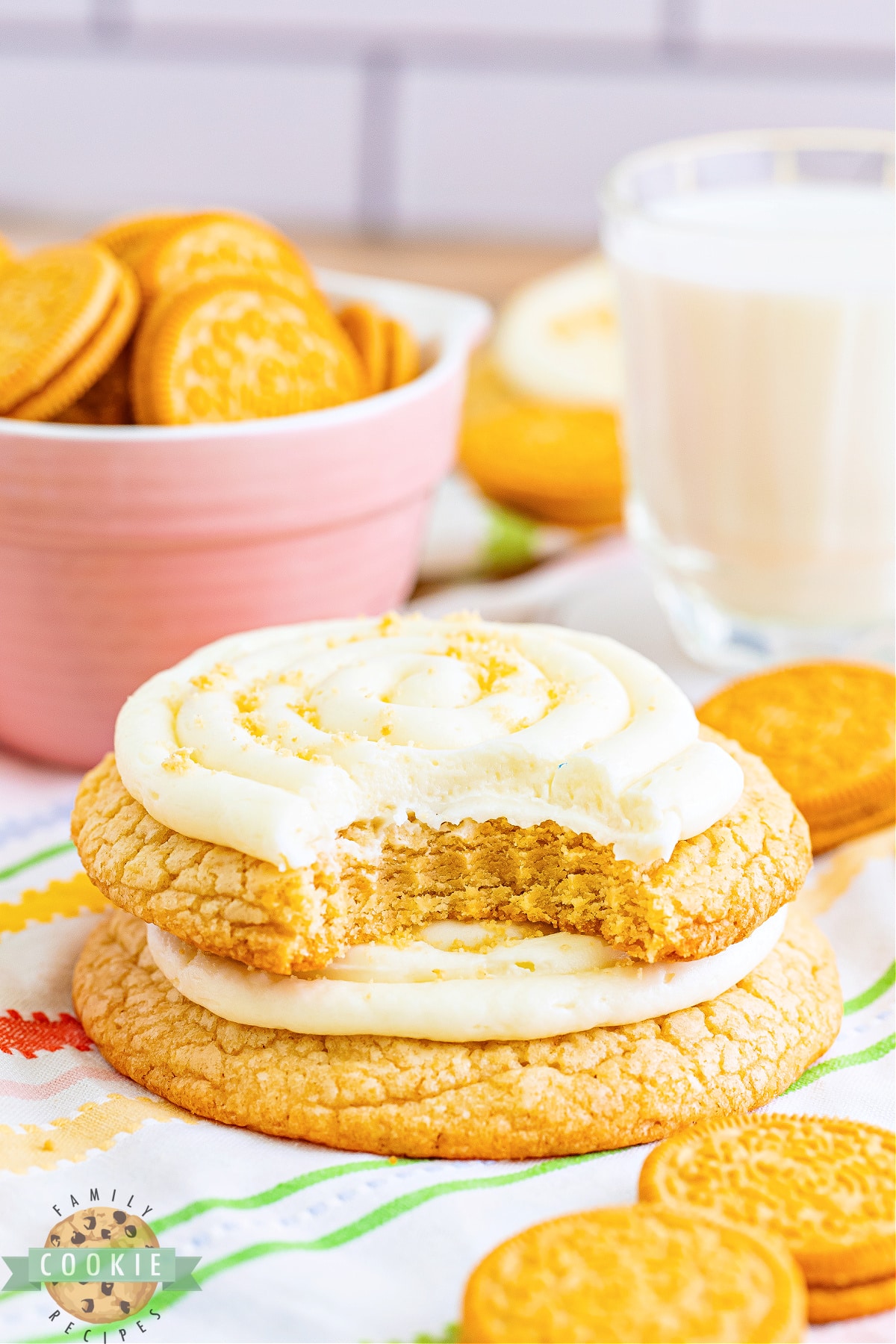 Copycat Crumbl Golden Oreo Cookies are made with Golden Oreo crumbs in the dough, a delicious cream cheese frosting, and more cookie crumbs on top. These thick and chewy vanilla cookies are incredible!