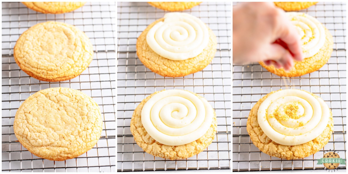 Piping frosting onto vanilla cookies. 