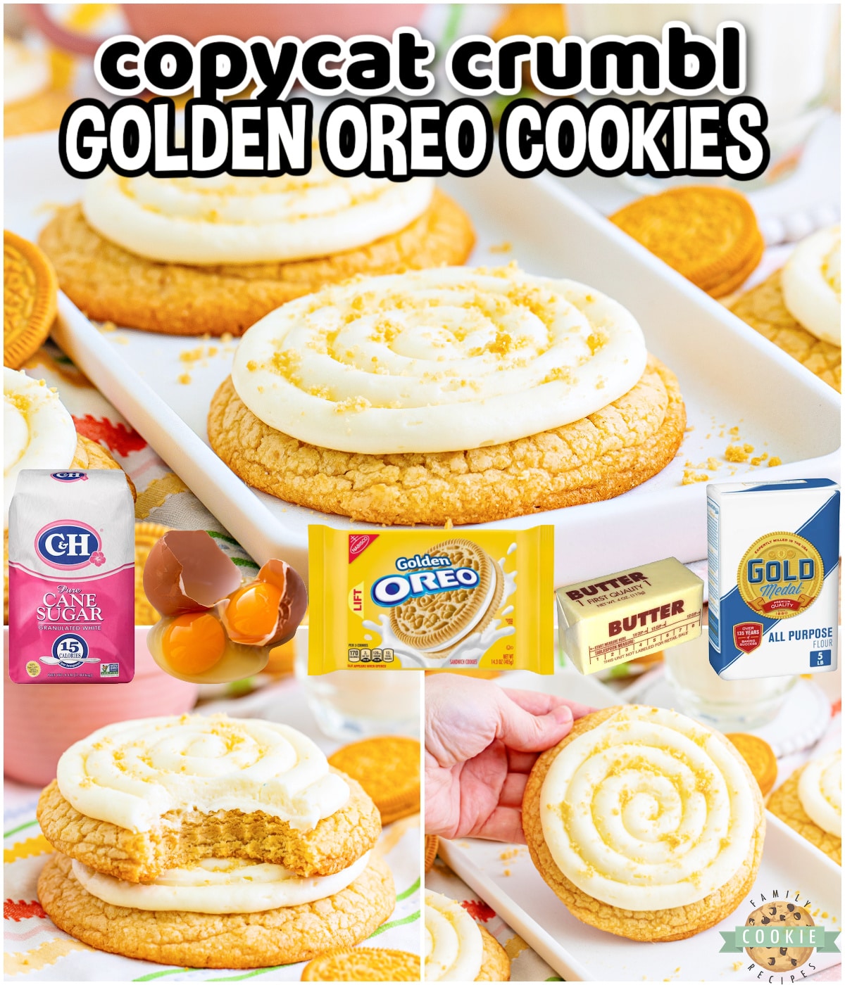 Copycat Crumbl Golden Oreo Cookies are made with Golden Oreo crumbs in the dough, a delicious cream cheese frosting, and more cookie crumbs on top. These thick and chewy vanilla cookies are incredible!