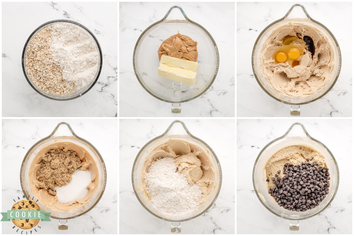 Step by step instructions on how to make Peanut Butter Oatmeal Chocolate Chip Cookies.