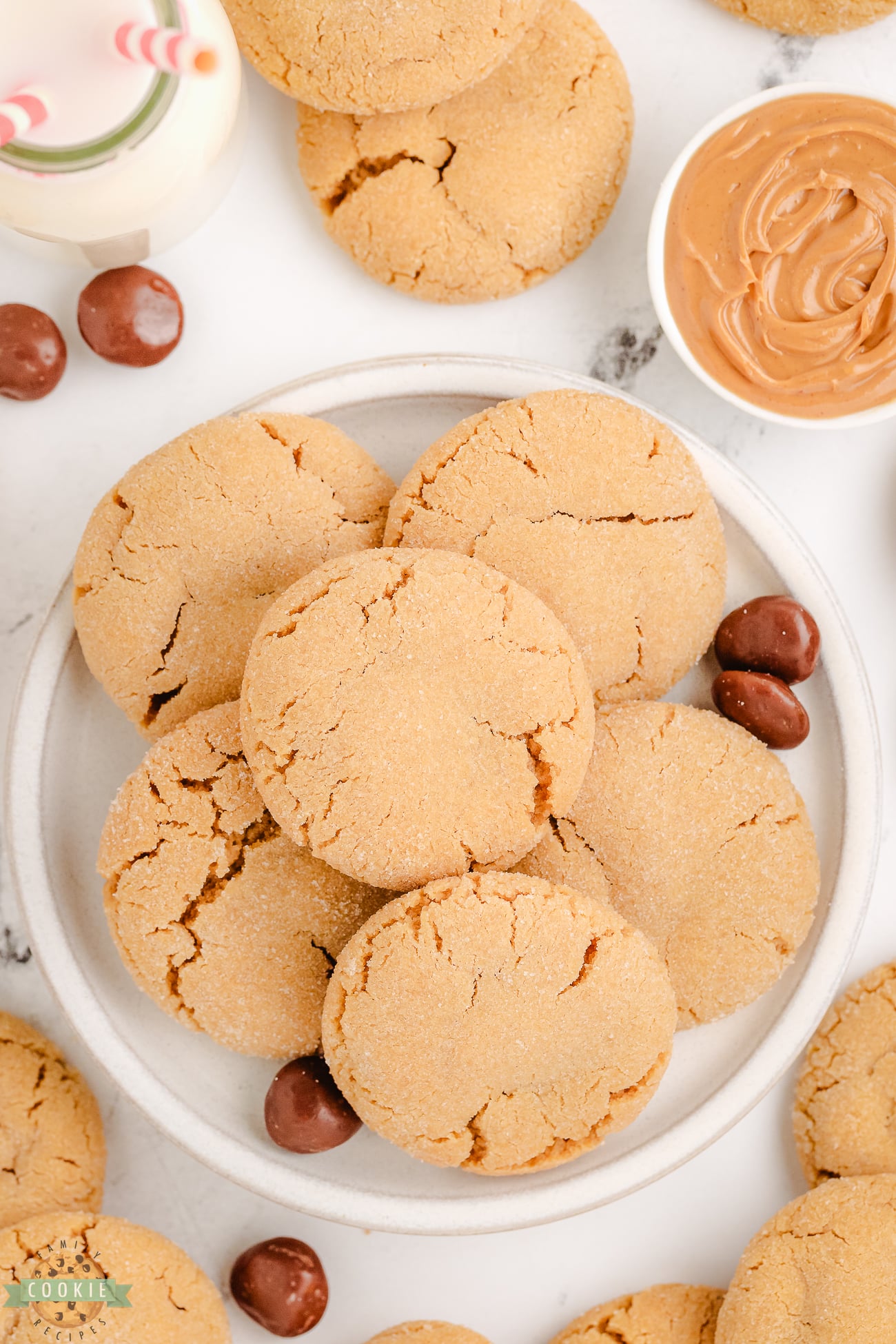 plateful of peanut butter cookies stuffed with a Milk Dud