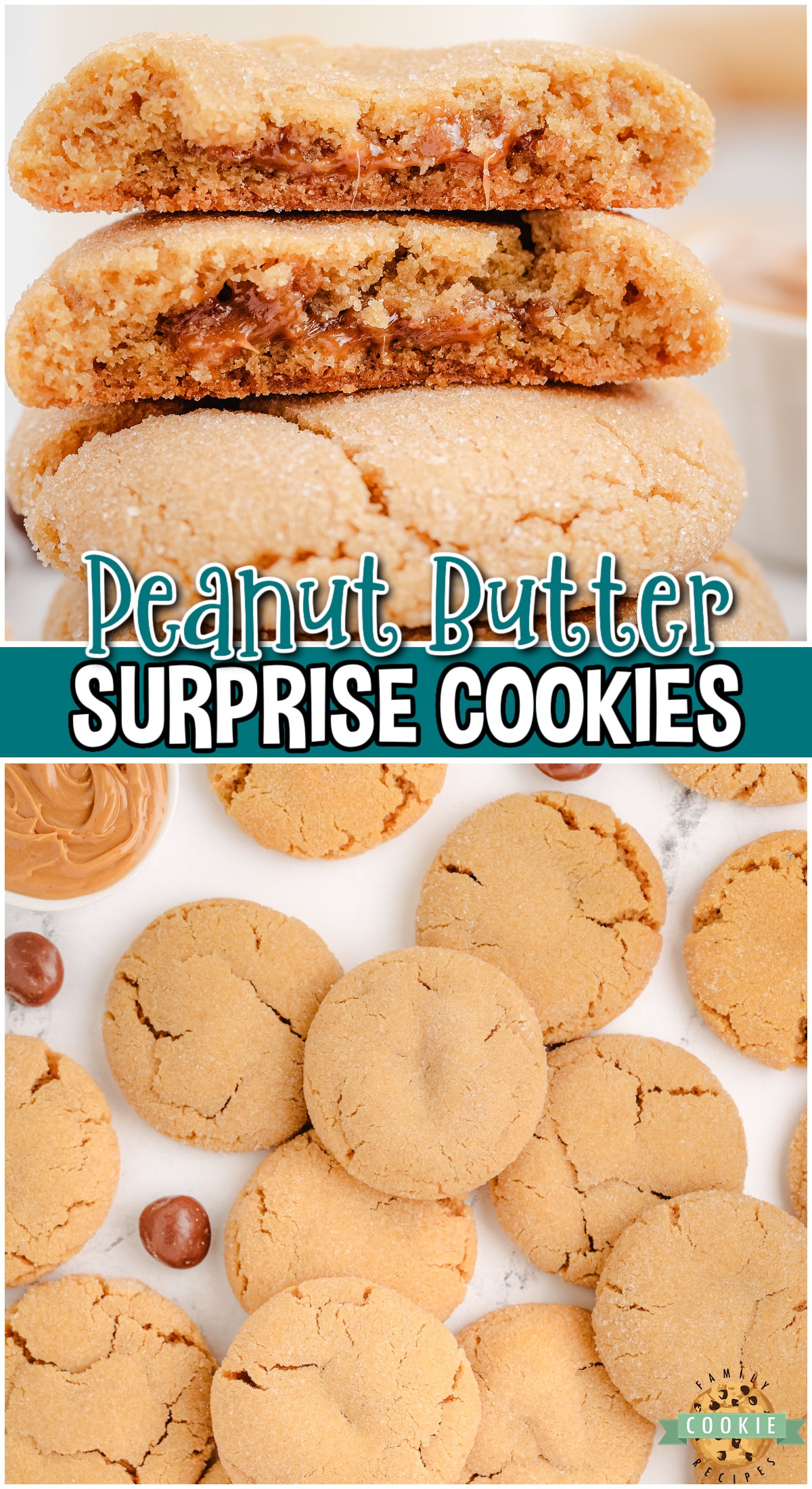 Peanut Butter Surprise Cookies are soft and chewy with a surprise caramel center! The peanut butter and caramel combo is heavenly & simple thanks to Milk Duds! 