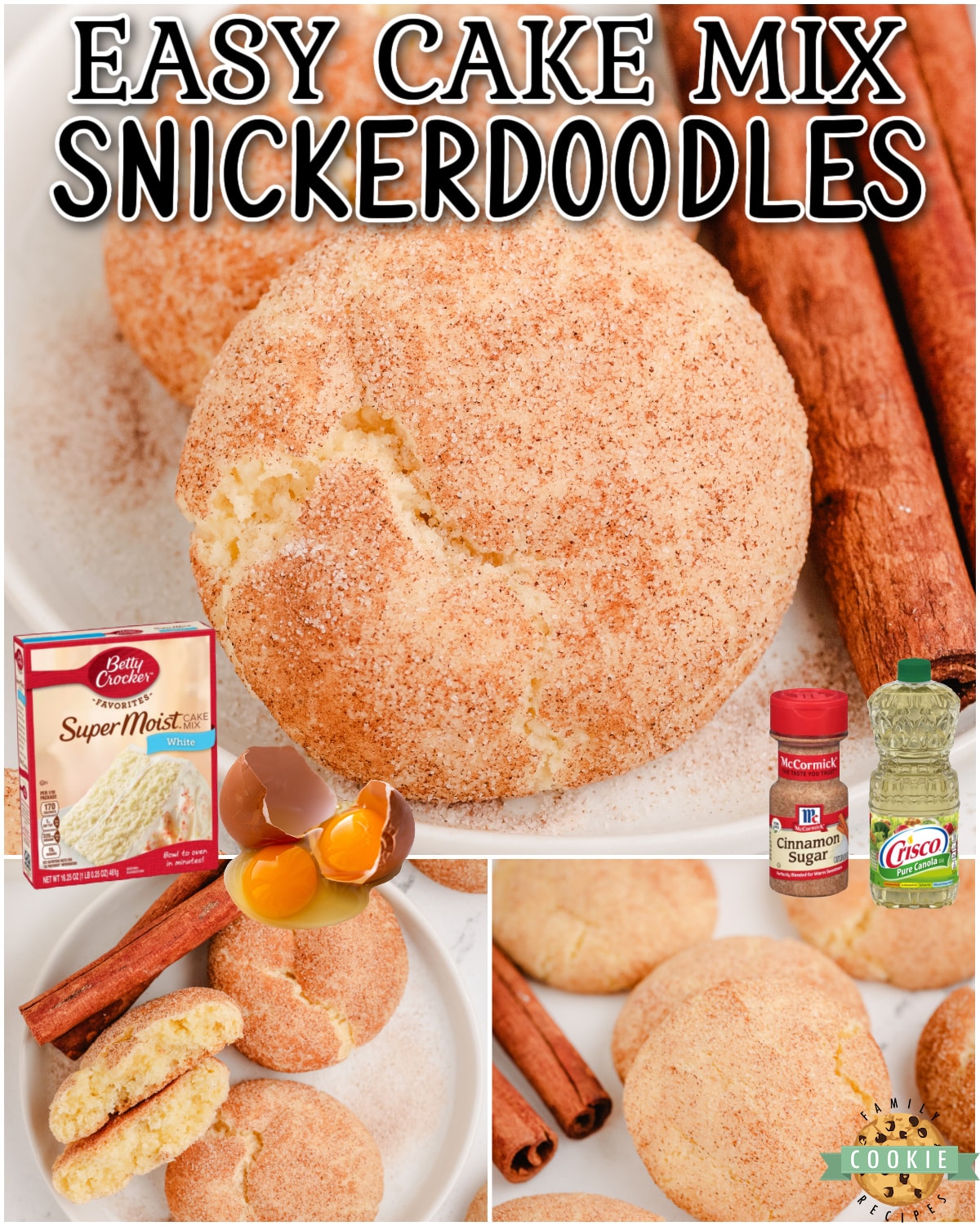 Simple recipe for Cake Mix Snickerdoodles made with just 5 ingredients! Easy snickerdoodle recipe with fantastic cinnamon flavor & chewy texture!