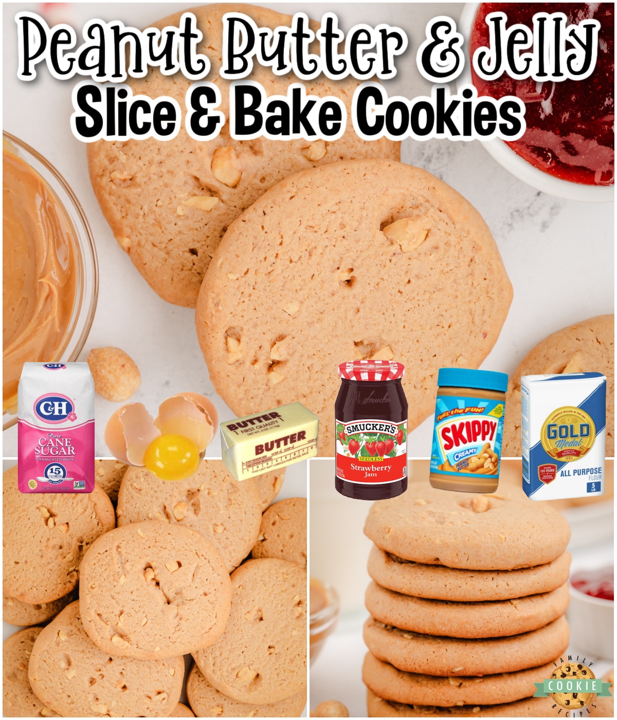 PB&J Slice and Bake Cookies are buttery cookies with classic peanut butter and jelly flavors everyone loves! 