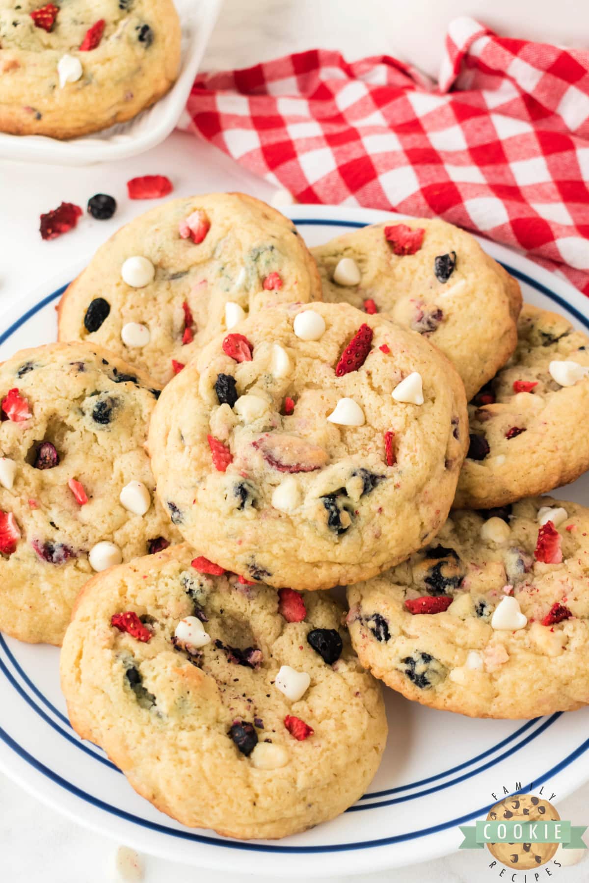 Red, White & Blue Cream Cheese Cookies are soft, chewy, and perfectly patriotic! These delicious cookies are made with freeze-dried blueberries and strawberries that add lots of flavor and the right colors for the 4th of July.