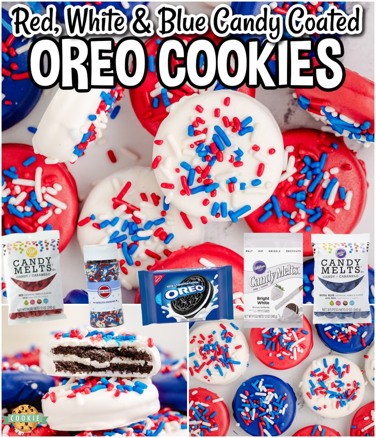 Red, White, & Blue Chocolate Covered Oreos are a simple, festive treat that are perfect for 4th of July! Chocolate dipped Oreo cookies in patriotic colors & holiday sprinkles are always a hit! 