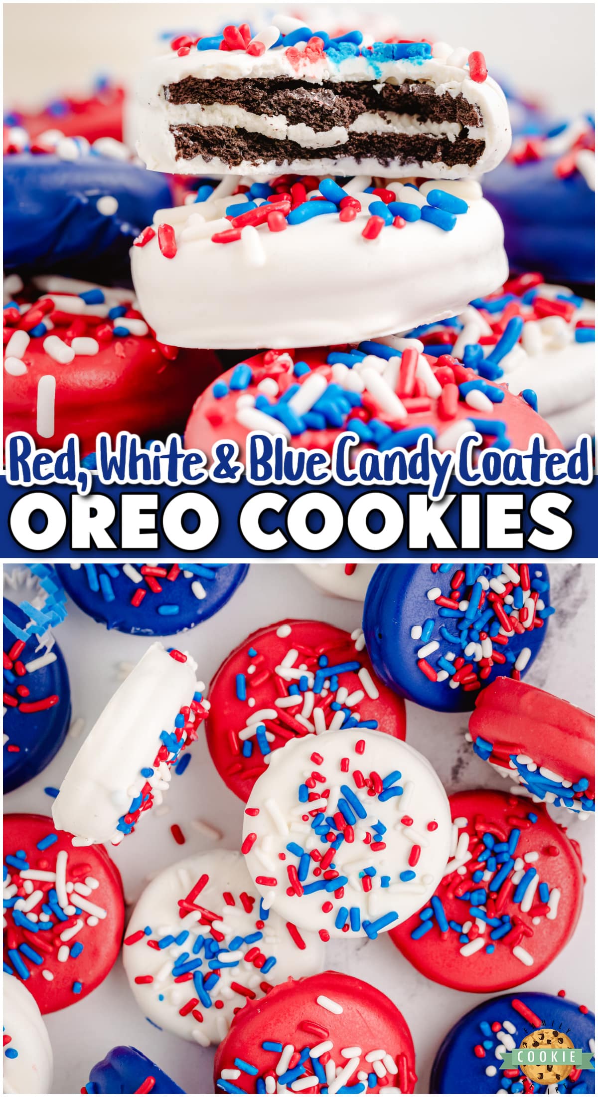 Red, White, & Blue Chocolate Covered Oreos are a simple, festive treat that are perfect for 4th of July! Chocolate dipped Oreo cookies in patriotic colors & holiday sprinkles are always a hit! 