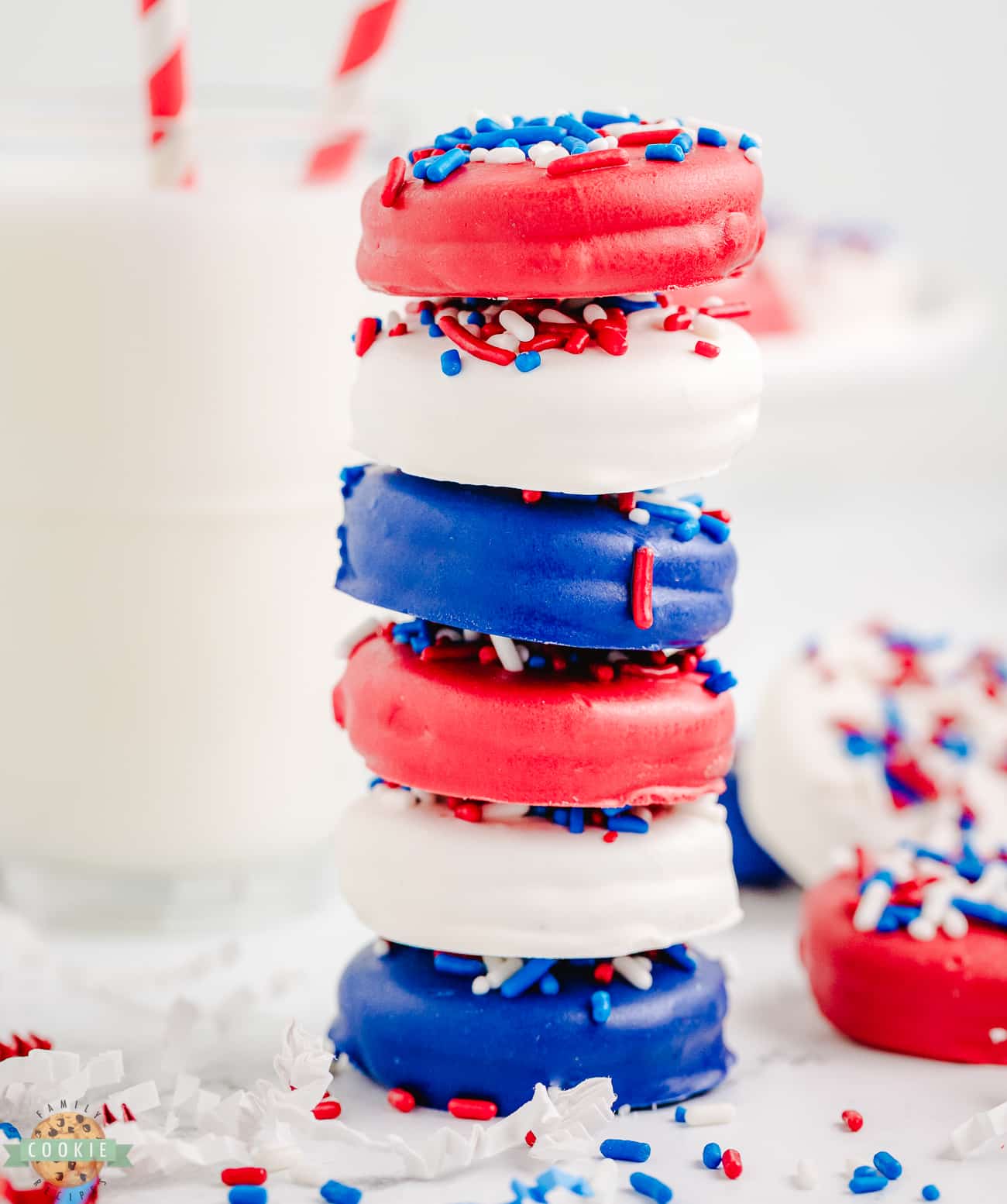 stack of patriotic chocolate covered oreos