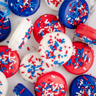 festive 4th of July red, white and blue chocolate covered Oreos