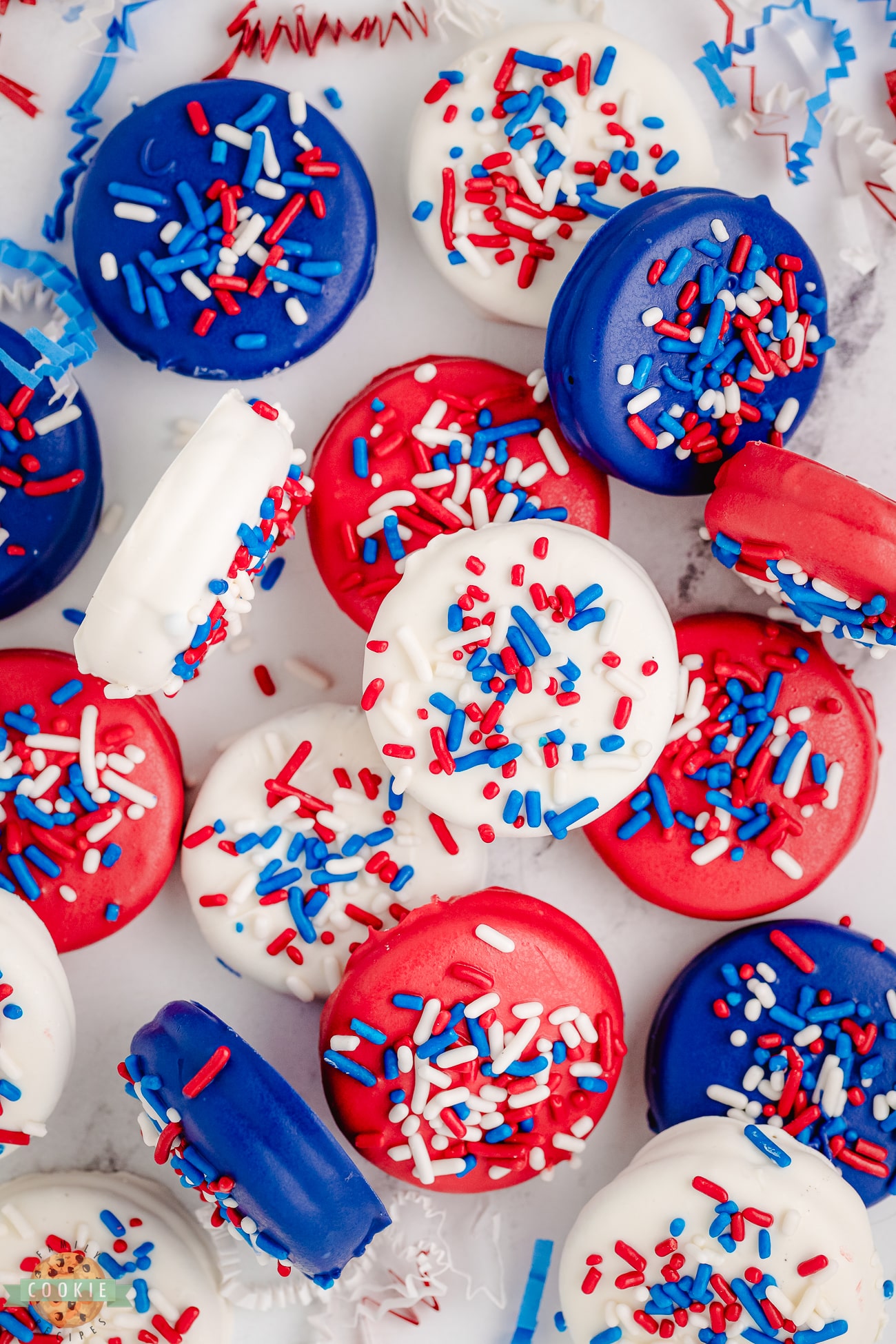 festive 4th of July red, white and blue chocolate covered Oreos