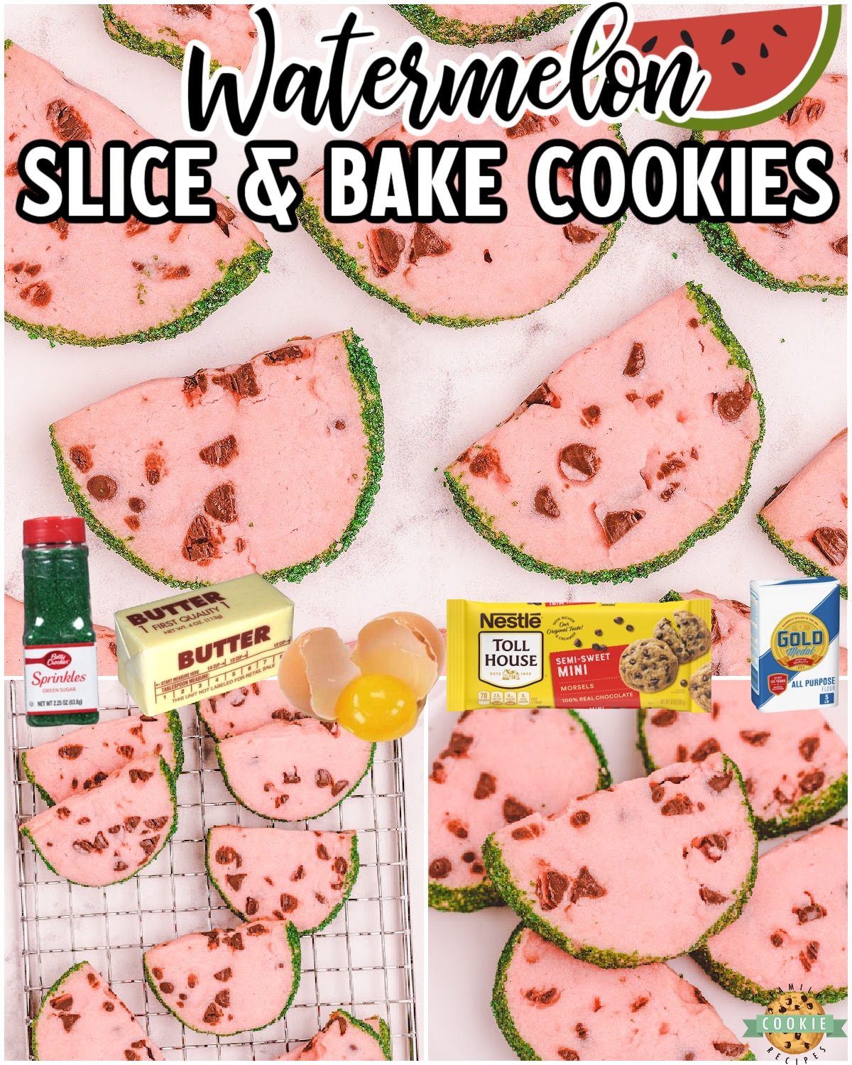 Watermelon Slice and Bake Cookies are a tender summer butter cookie that's made to look like slices of watermelon, complete with a green sprinkle rind and mini chocolate chip seeds!