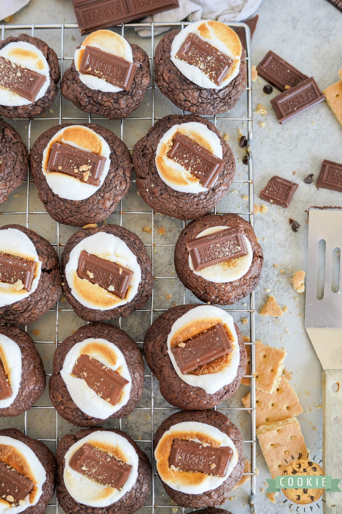 Brownie S'mores Cookies on wire rack. 