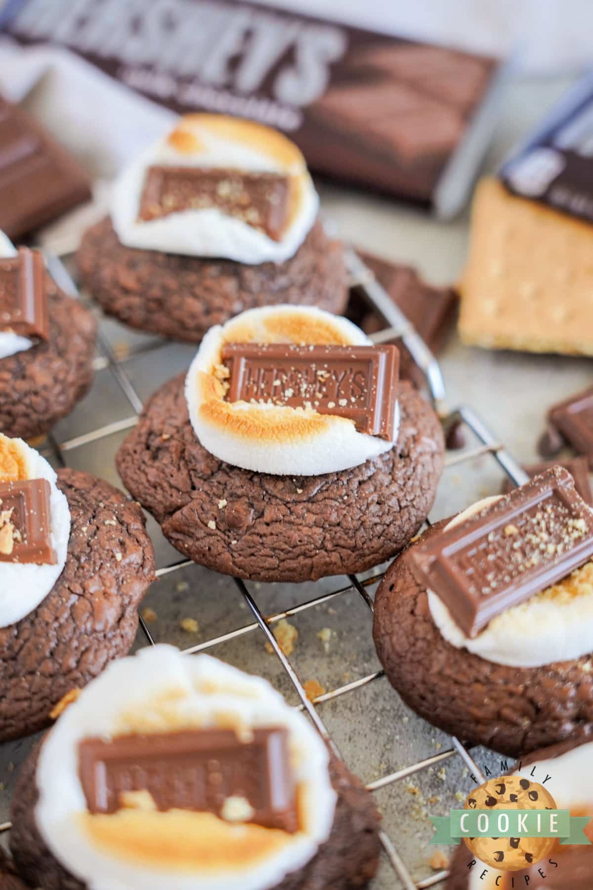 Brownie S'mores Cookies on wire rack. 