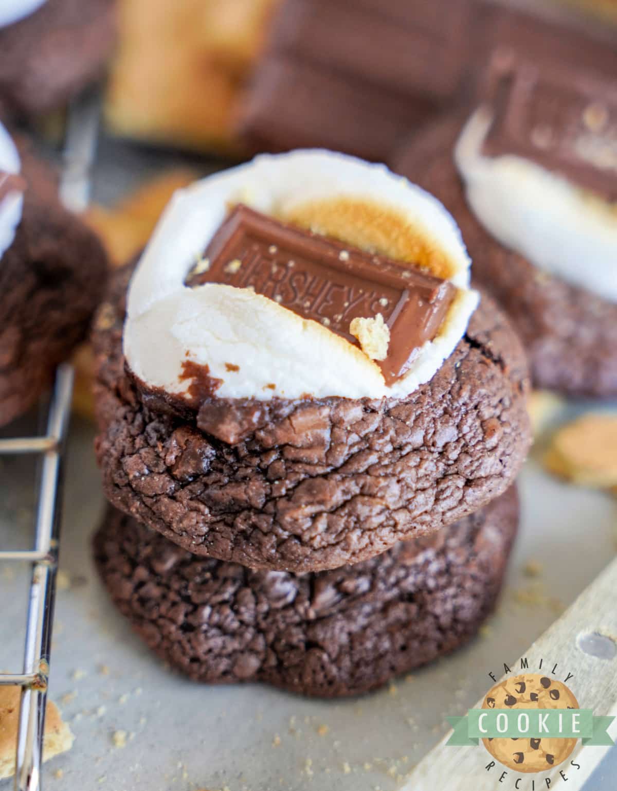 Stack of s'mores cookies made with a brownie mix. 