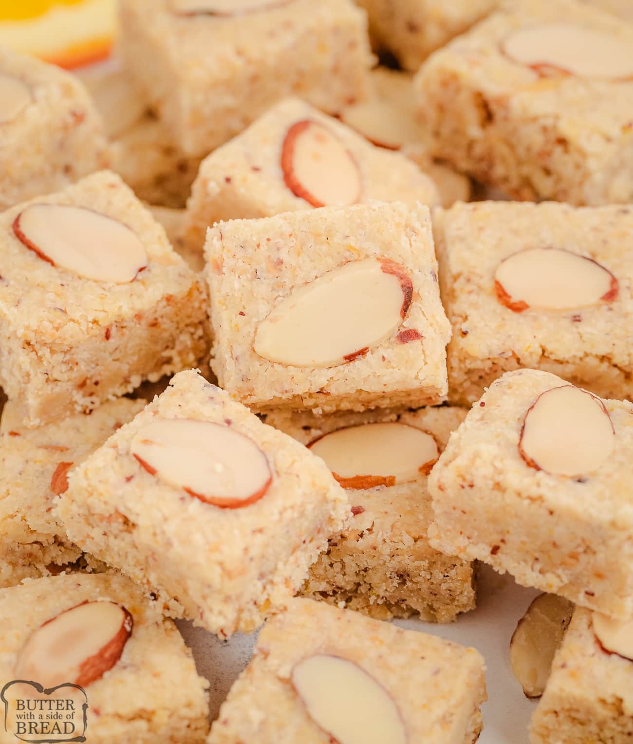 almond citrus shortbread cookies cut into squares