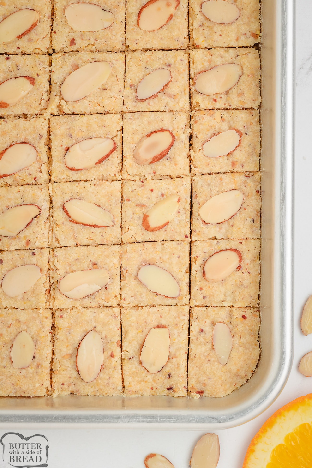 almond citrus shortbread in a pan