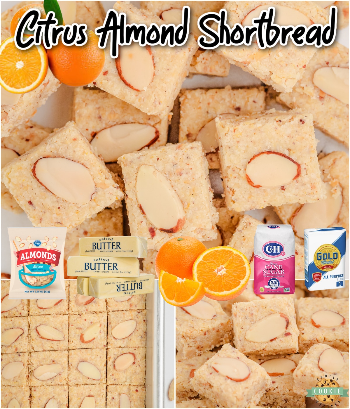 Almond Citrus Shortbread Cookies are tender, buttery cookies bursting with fresh orange flavor which pairs beautifully with the almonds! Lovely shortbread cookie you'll want to save! 