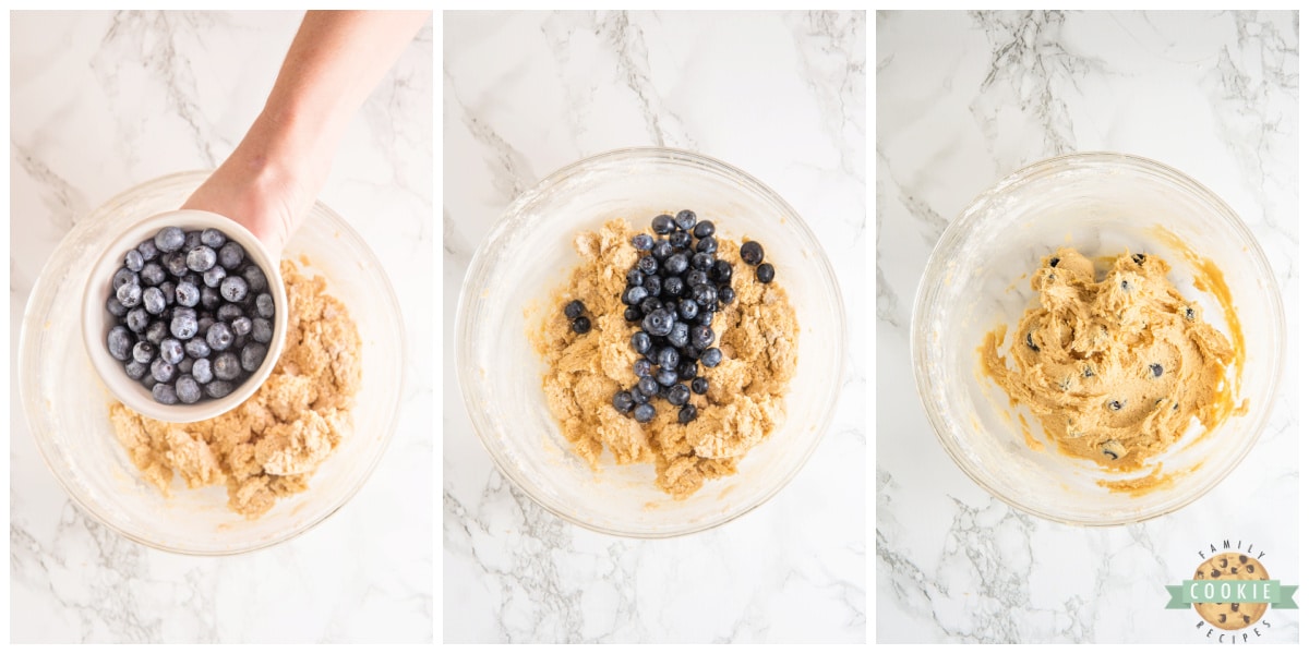 Adding fresh blueberries to cookie dough. 