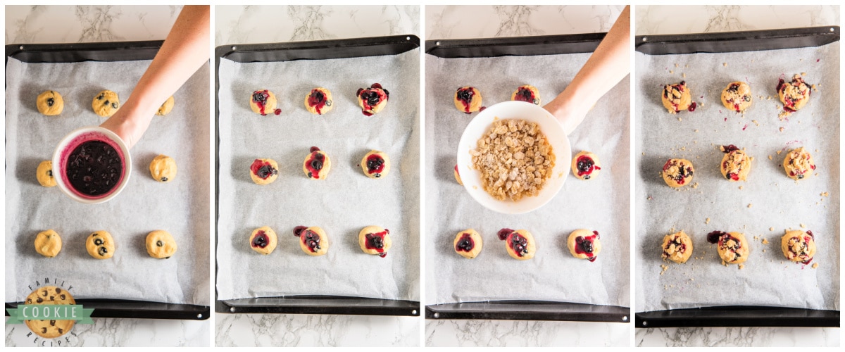 Adding blueberry jam and streusel to cookies. 