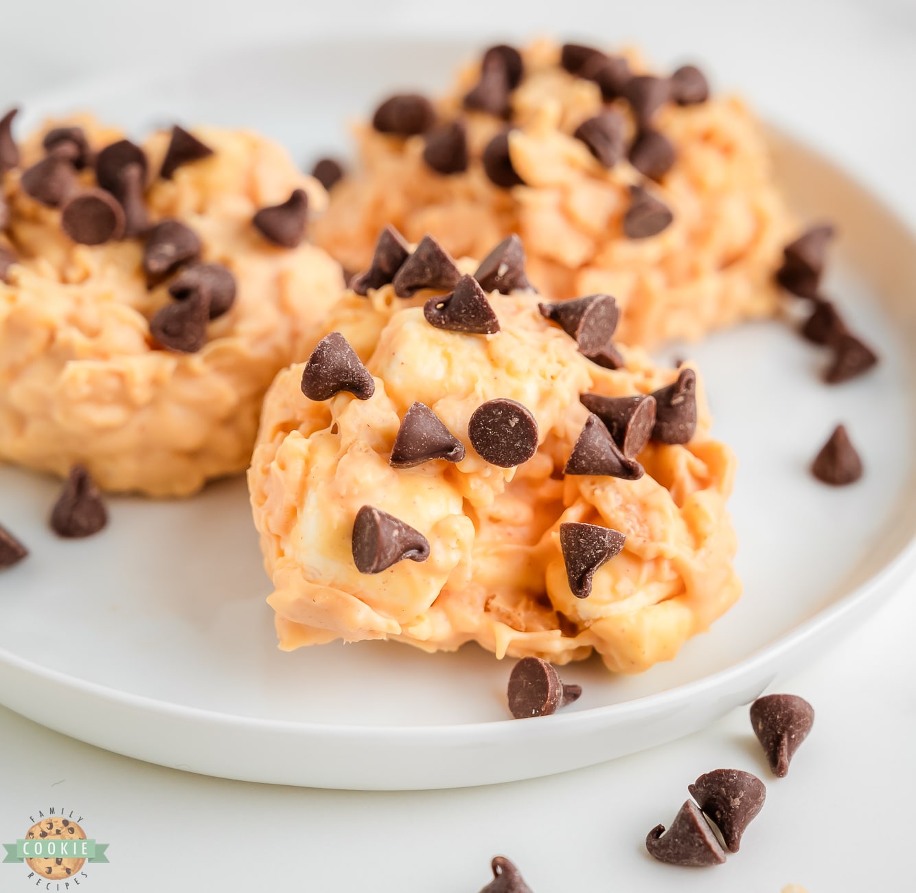 peanut butter marshmallow no bake krispie cookies on a plate