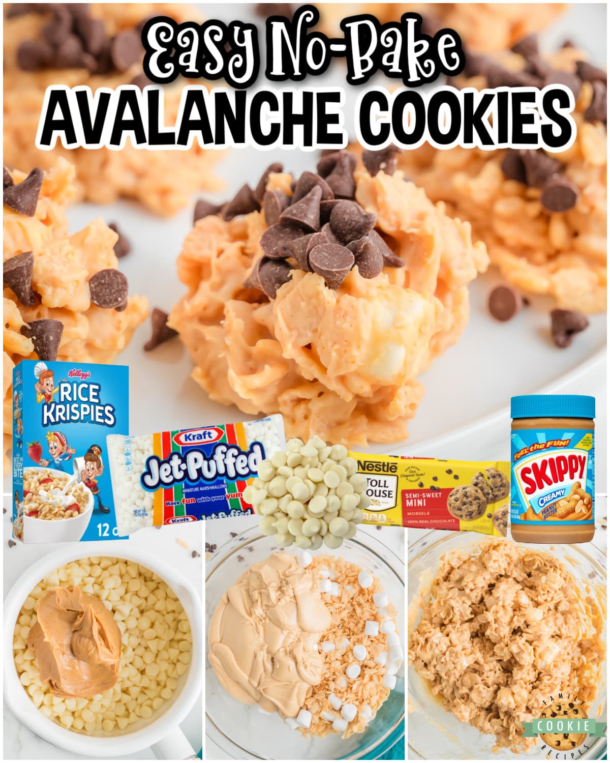 No-Bake Avalanche Cookies made with just 5 ingredients for a soft, chewy & krispie no-bake cookie everyone loves! Chocolate, marshmallows, krispie cereal & peanut butter combine in this easy, delightful cookie. 