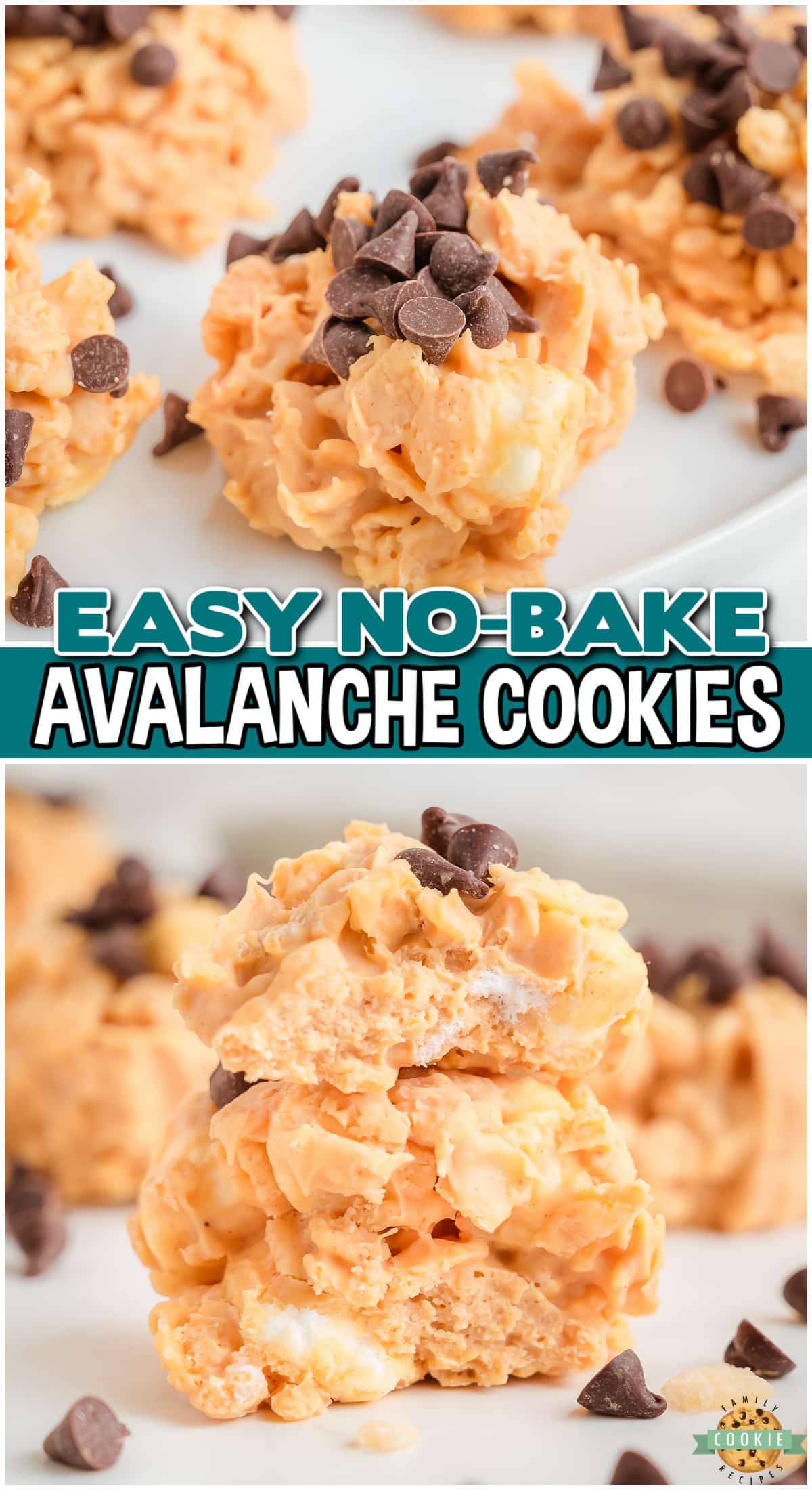 No-Bake Avalanche Cookies made with just 5 ingredients for a soft, chewy & krispie no-bake cookie everyone loves! Chocolate, marshmallows, krispie cereal & peanut butter combine in this easy, delightful cookie. 