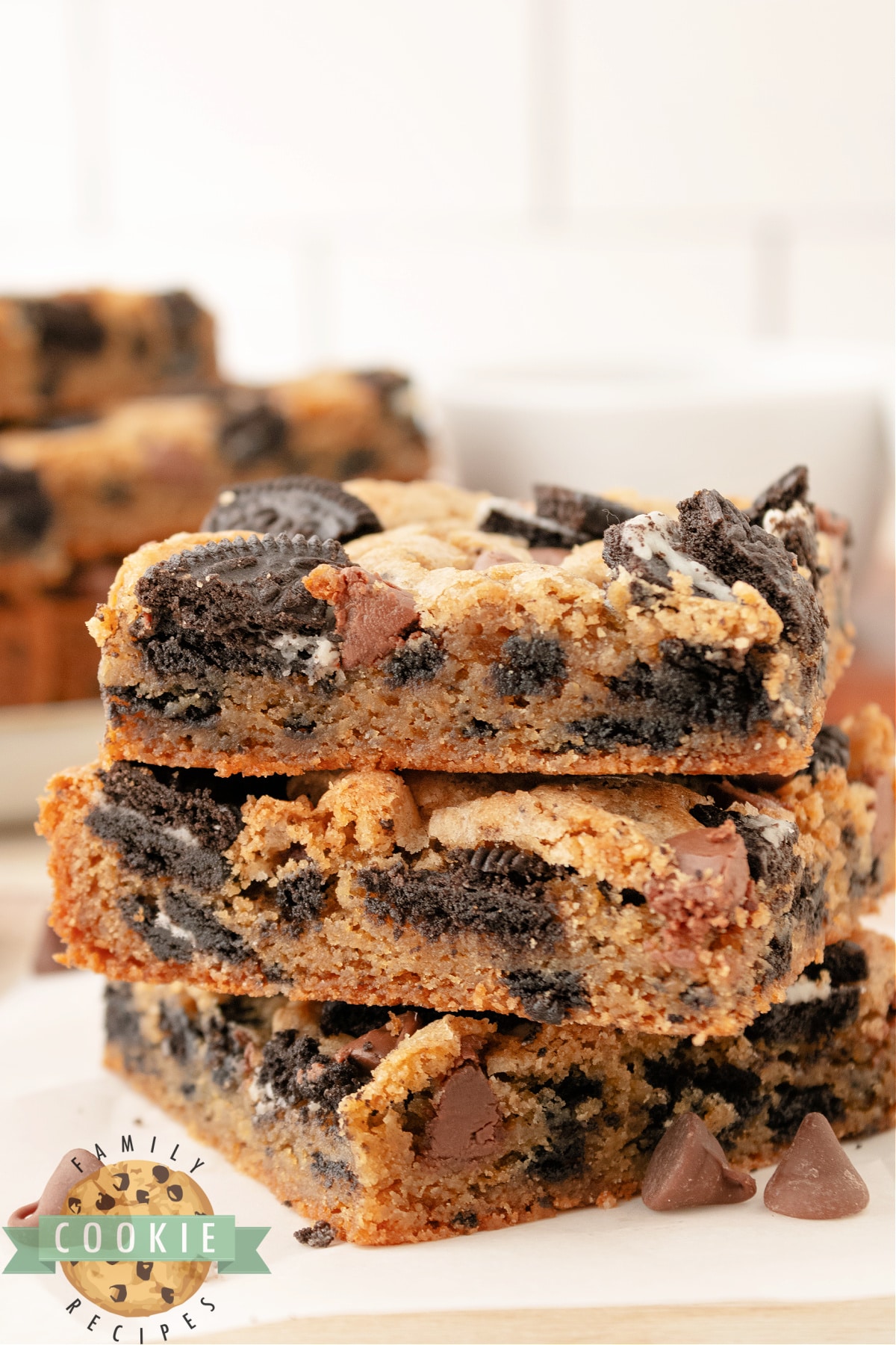 Thick and chewy cookie bars with Oreos. 