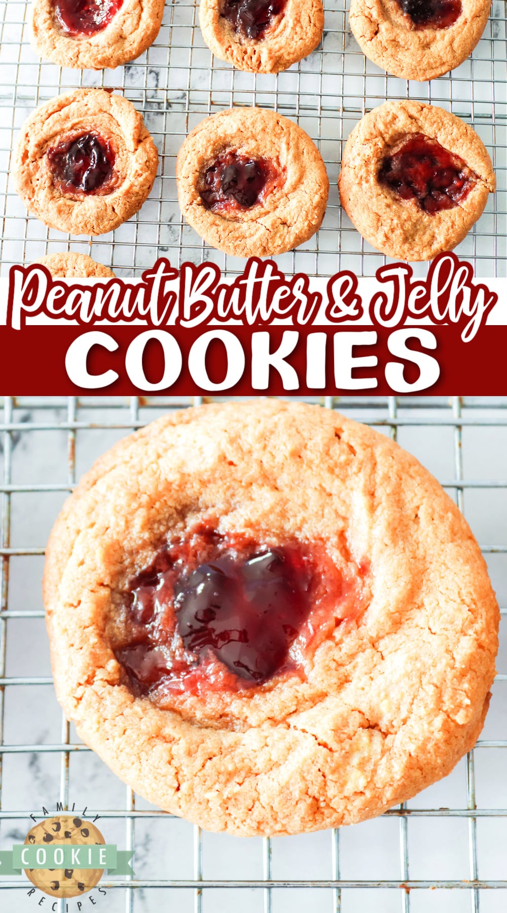 Peanut Butter and Jelly Cookies are made with just 4 ingredients! Simple thumbprint cookies made with peanut butter, sugar, and eggs before being filled with jelly.  