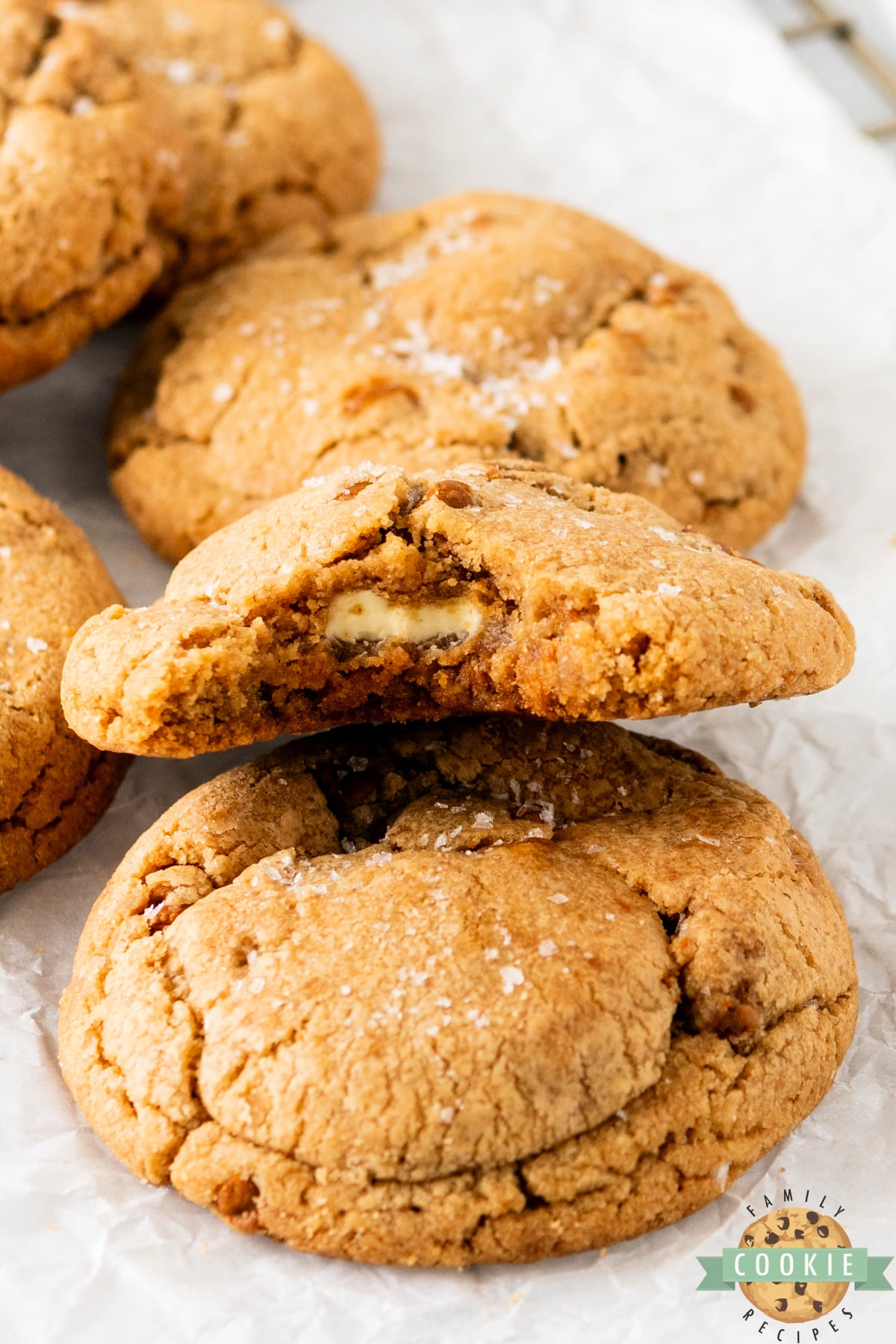 Cookie butter cookies with white chocolate in the center. 