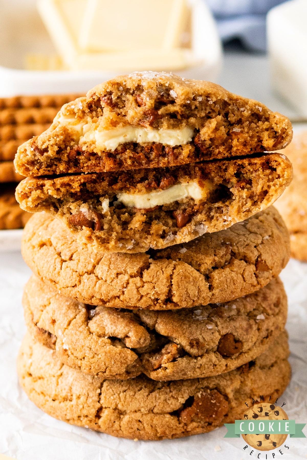 Biscoff Butter Cookies are made with rich cookie butter, crushed Biscoff cookies, cinnamon chips, and melted white chocolate in the center.