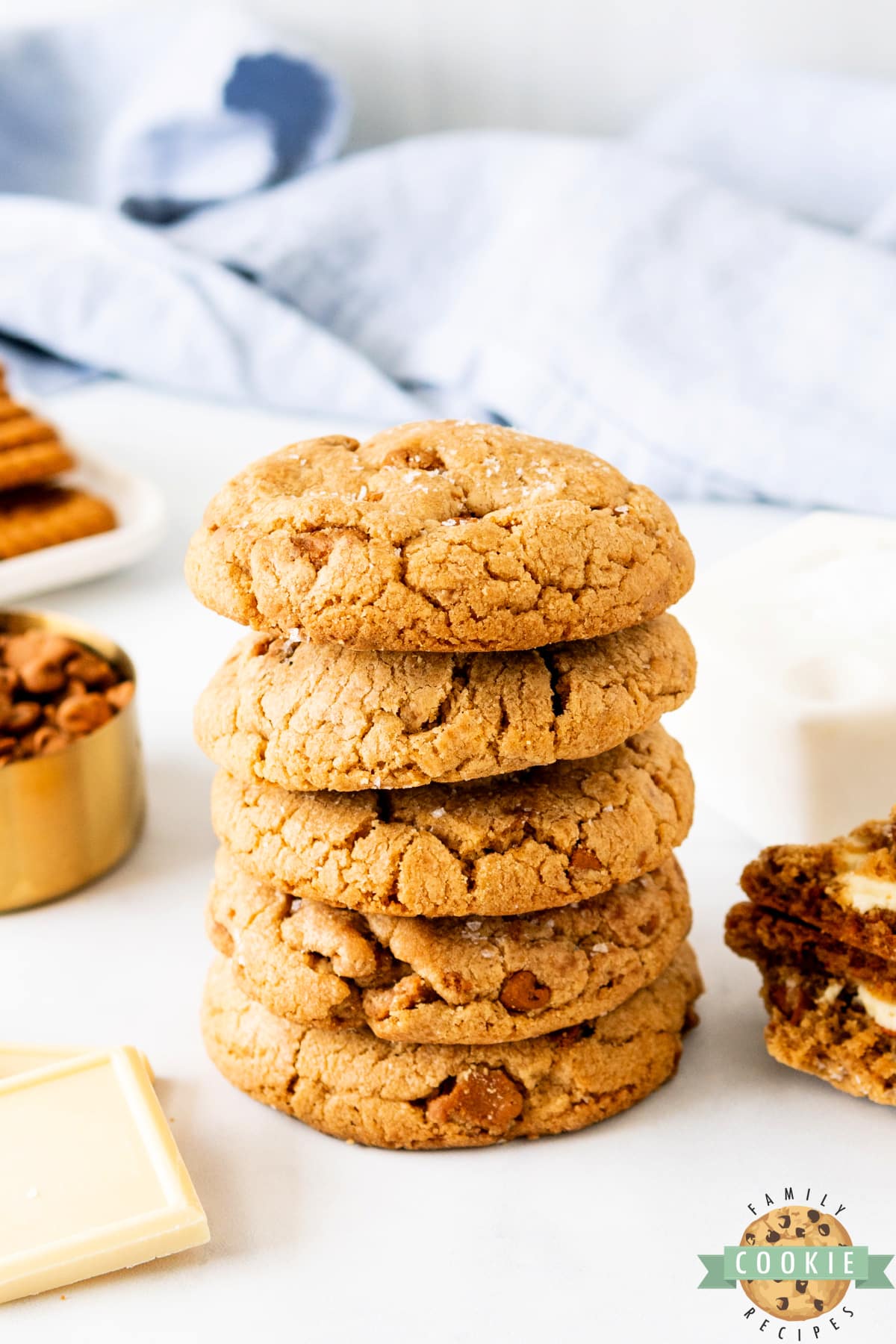 Biscoff Butter Cookies are made with rich cookie butter, crushed Biscoff cookies, cinnamon chips, and melted white chocolate in the center.