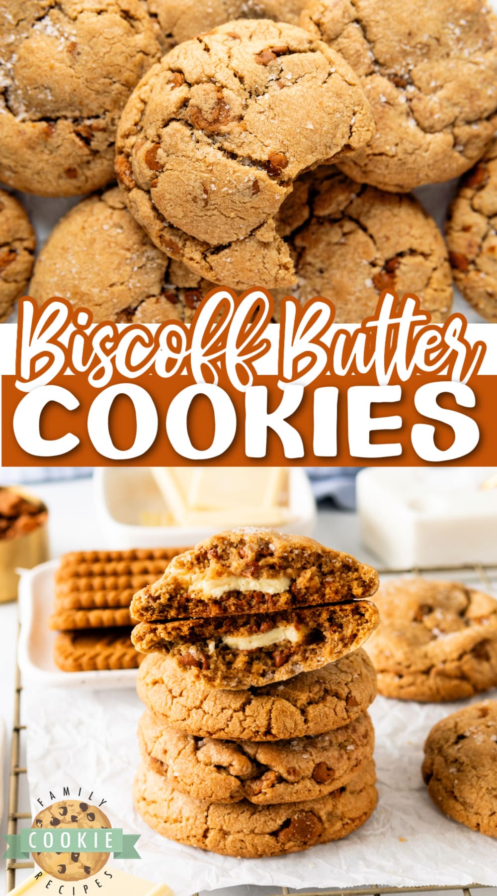 Biscoff Butter Cookies are made with rich cookie butter, crushed Biscoff cookies, cinnamon chips, and melted white chocolate in the center.