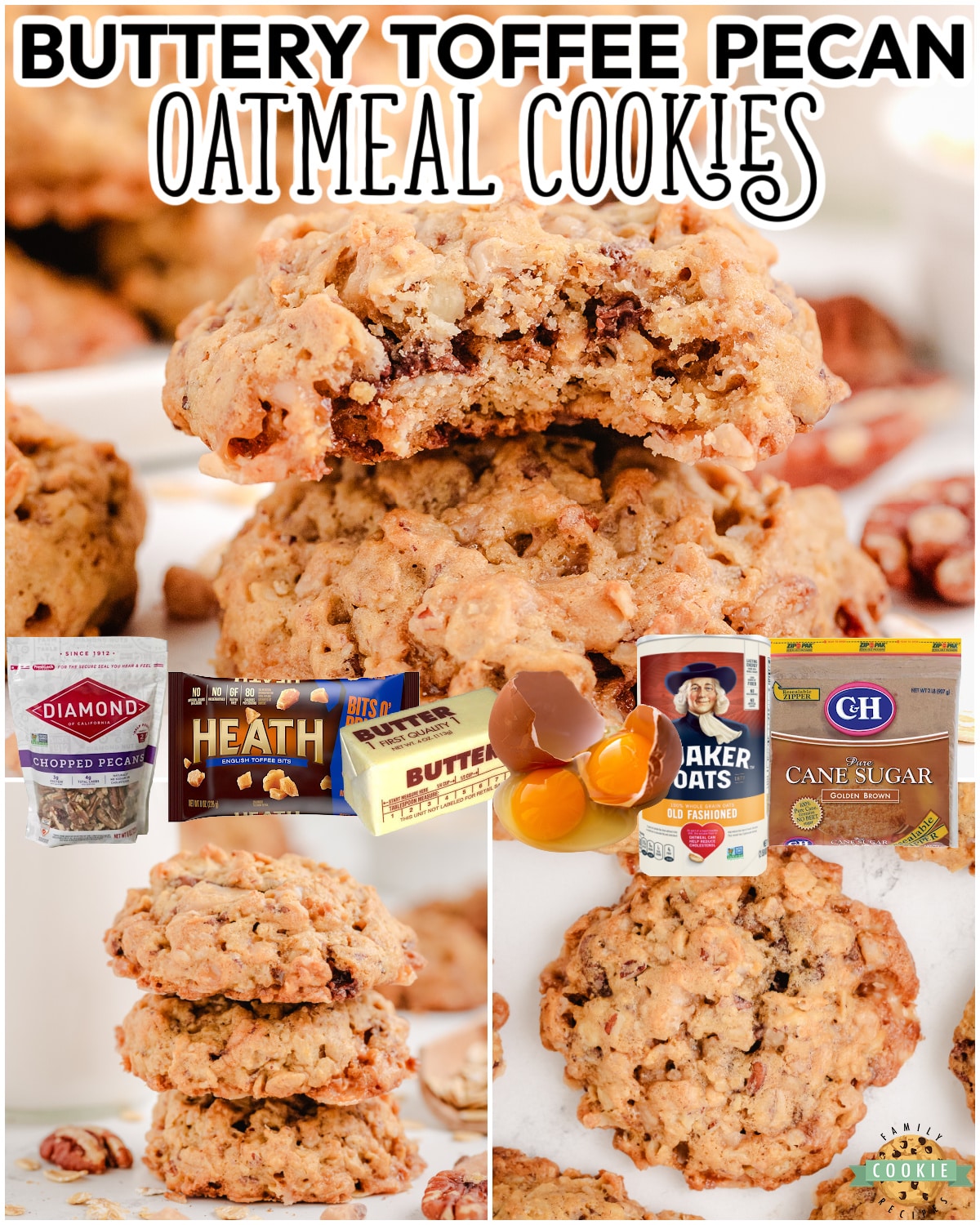 Oatmeal Toffee Pecan Cookies are a delightful treat loaded with oats, toffee bits & pecans for a chewy, buttery cookie with fabulous flavor!