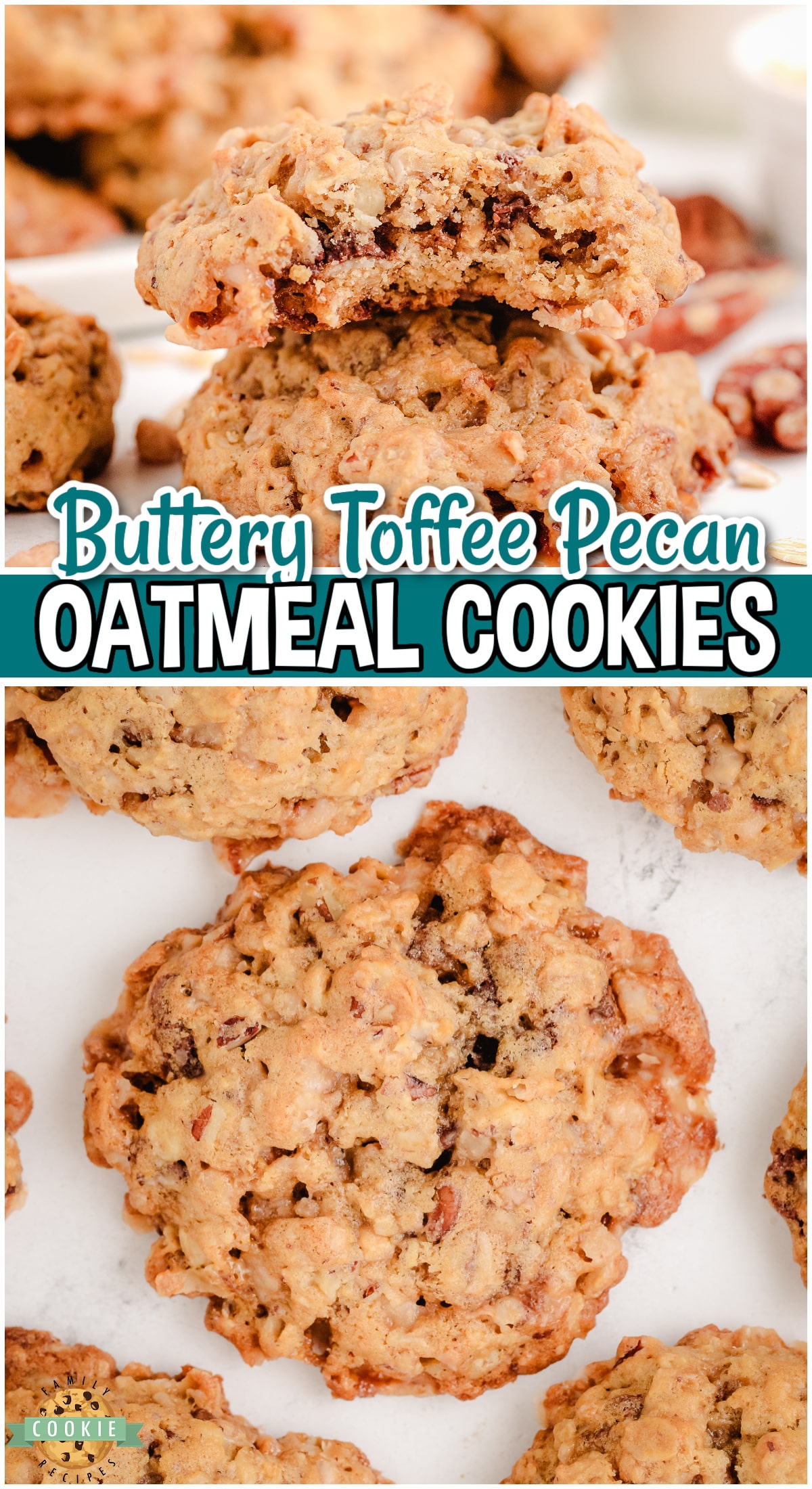 Oatmeal Toffee Pecan Cookies are a delightful treat loaded with oats, toffee bits & pecans for a chewy, buttery cookie with fabulous flavor!