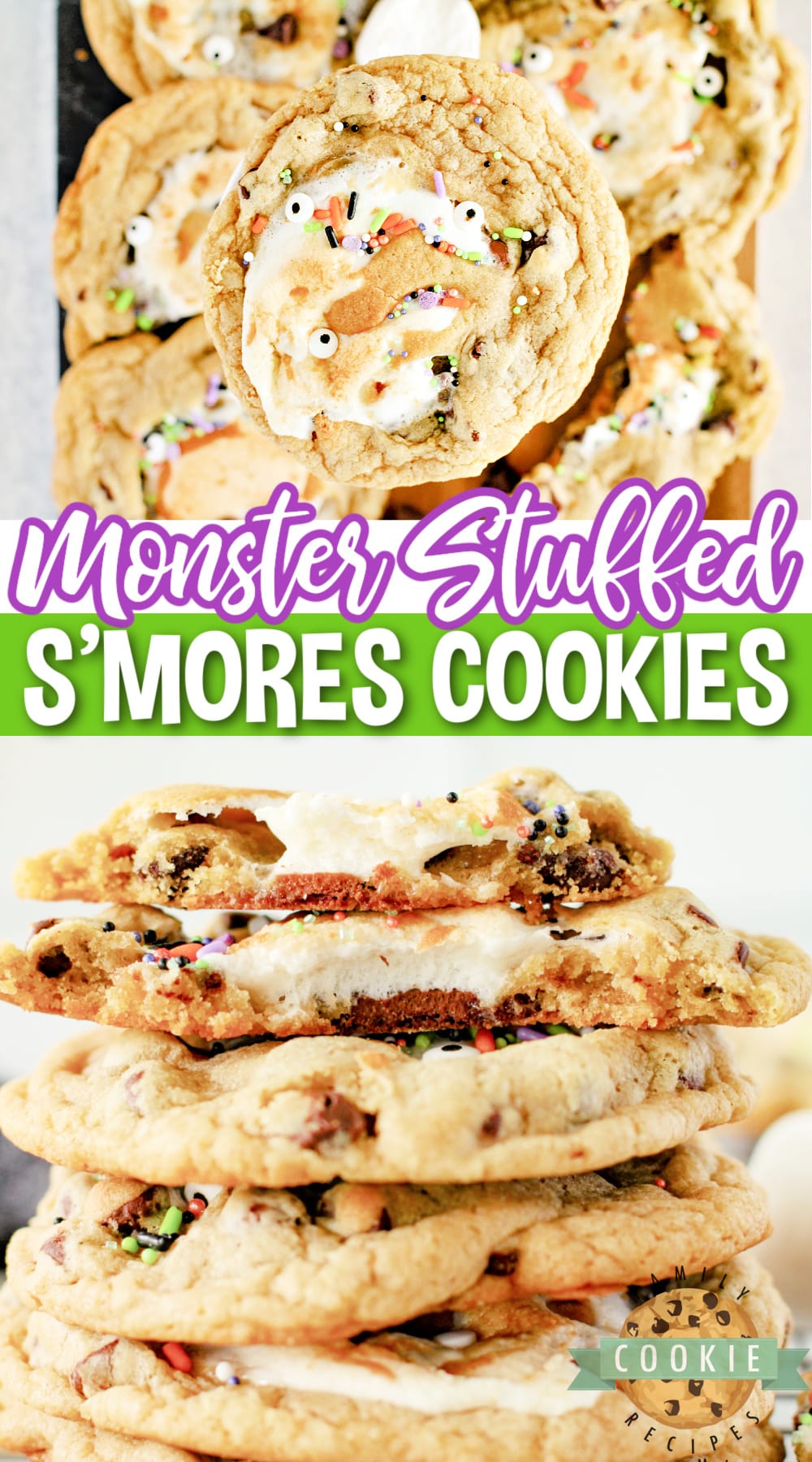 Monster Stuffed S'mores Cookies are chocolate chip cookies stuffed with Hershey bars and marshmallows. Add some monster eyes and festive sprinkles to make perfect Halloween cookies!