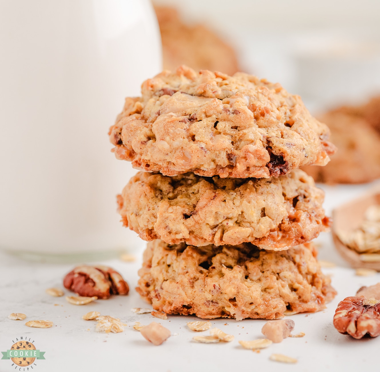 stack of oatmeal toffee pecan cookies