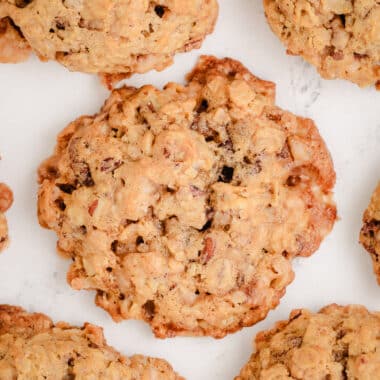 oatmeal toffee pecan cookies on a baking sheet