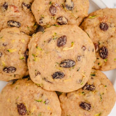 plateful of zucchini breakfast cookies with pecans and raisins