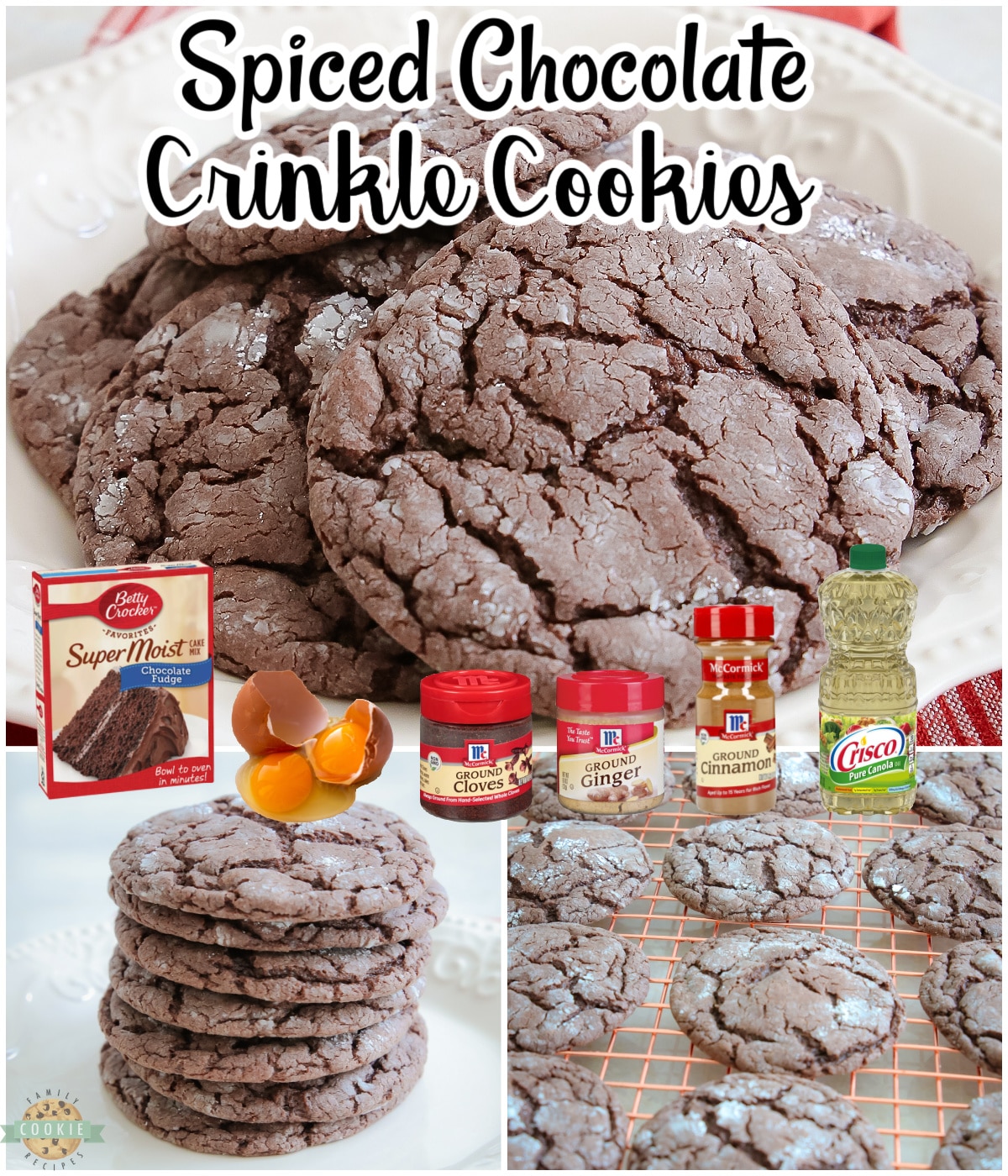 Spiced Chocolate Crinkle Cookies begin with a cake mix combined with a warm blend of ginger, cinnamon & cloves for a delicious chewy cookie with fabulous flavor.