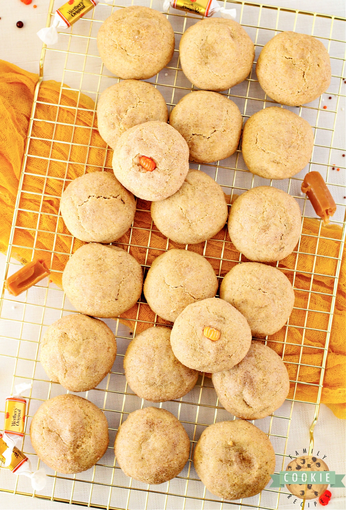 Caramel Stuffed Pumpkin Snickerdoodles are perfectly spiced cinnamon cookies with gooey caramel in the center. This is the perfect fall cookie recipe! 