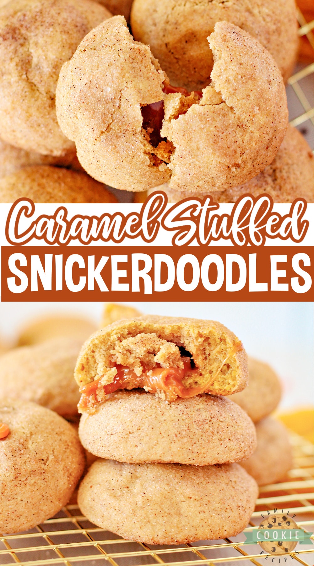 Caramel Stuffed Pumpkin Snickerdoodles are perfectly spiced cinnamon cookies with gooey caramel in the center. This is the perfect fall cookie recipe! 