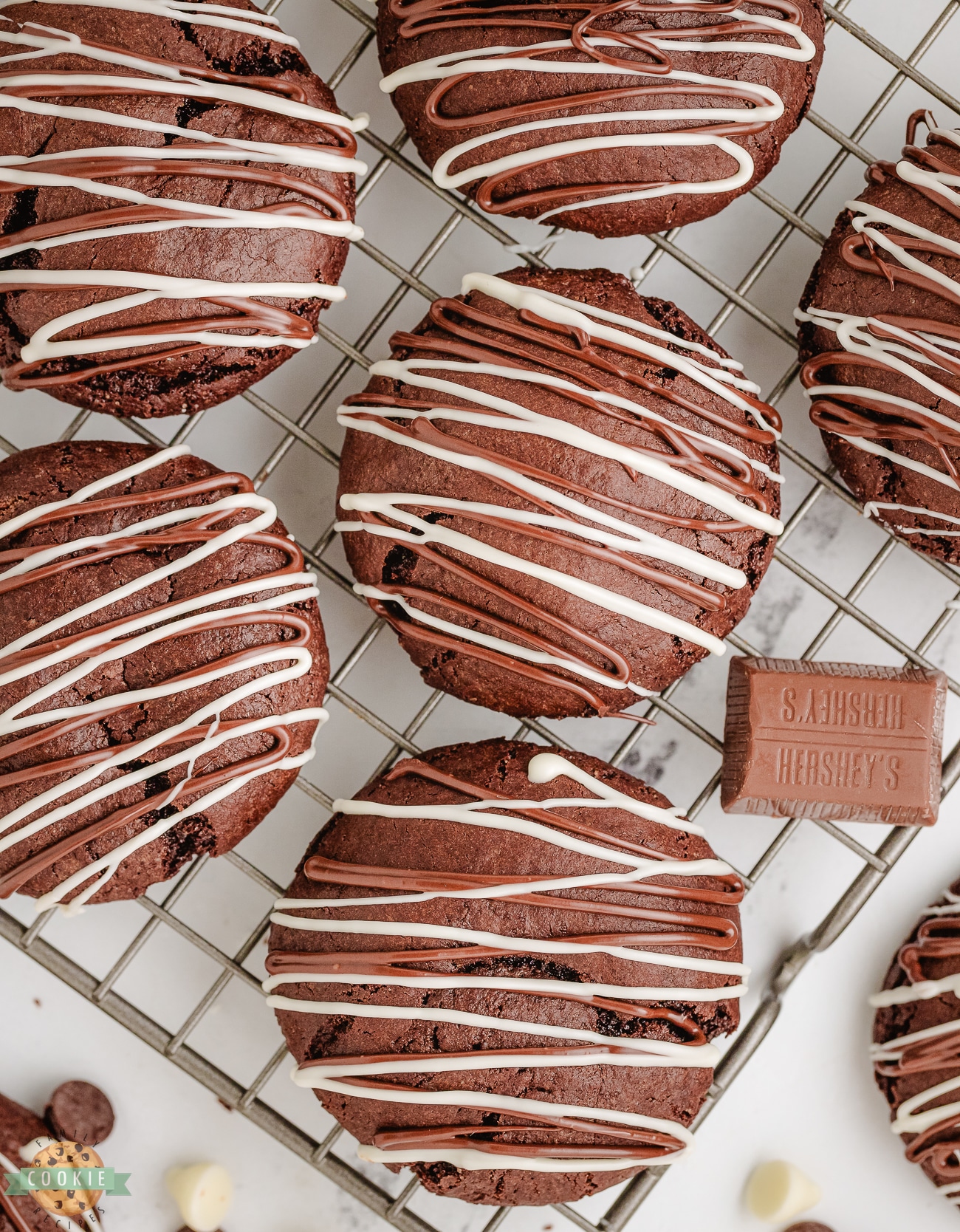 chocolate stuffed cake mix cookies on a cooling rack