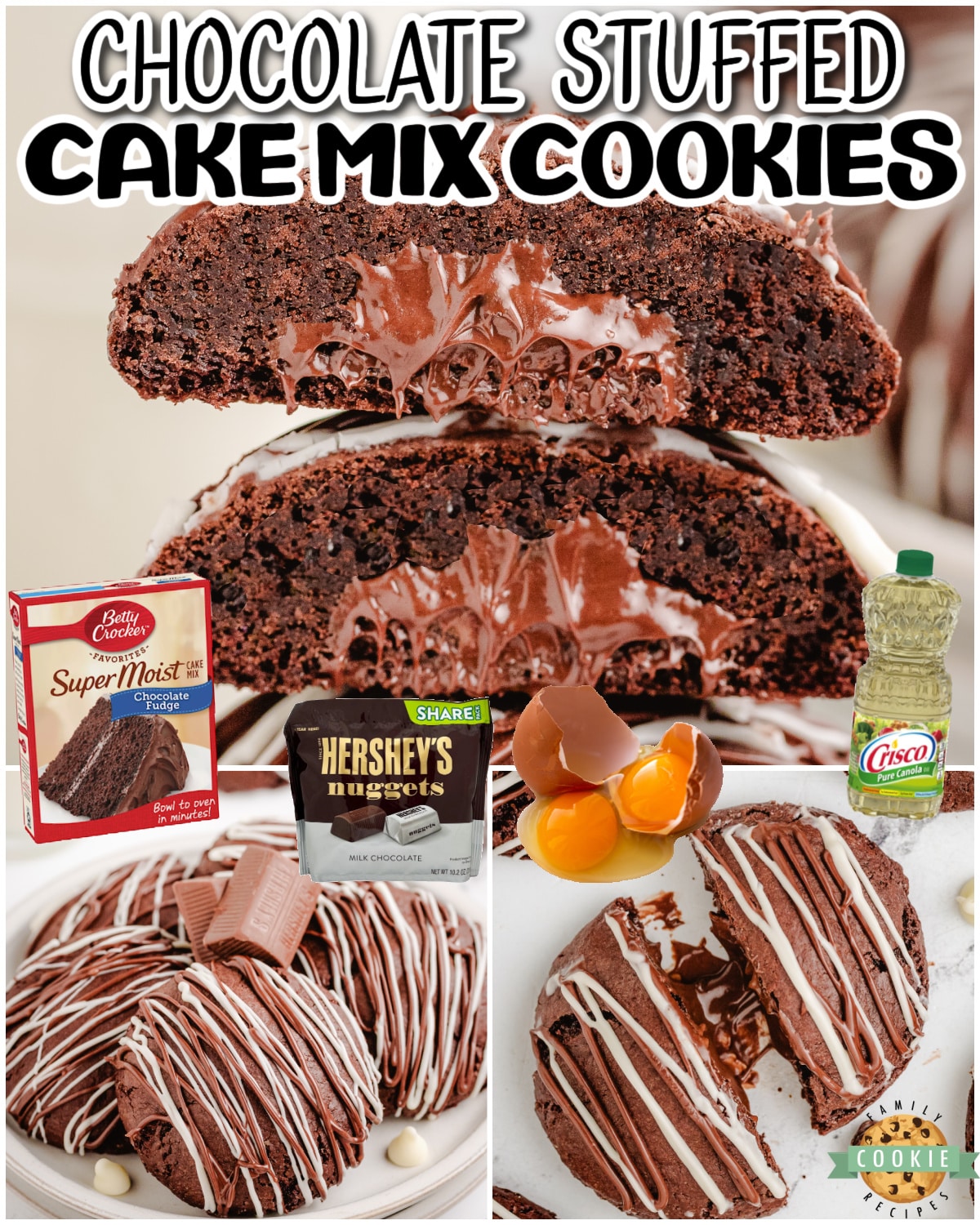 Chocolate Stuffed Cake Mix Cookies are made with simple chocolate cake mix dough, encasing a chocolate nugget, with melted chocolate on top to create the ultimate triple chocolate cookies!