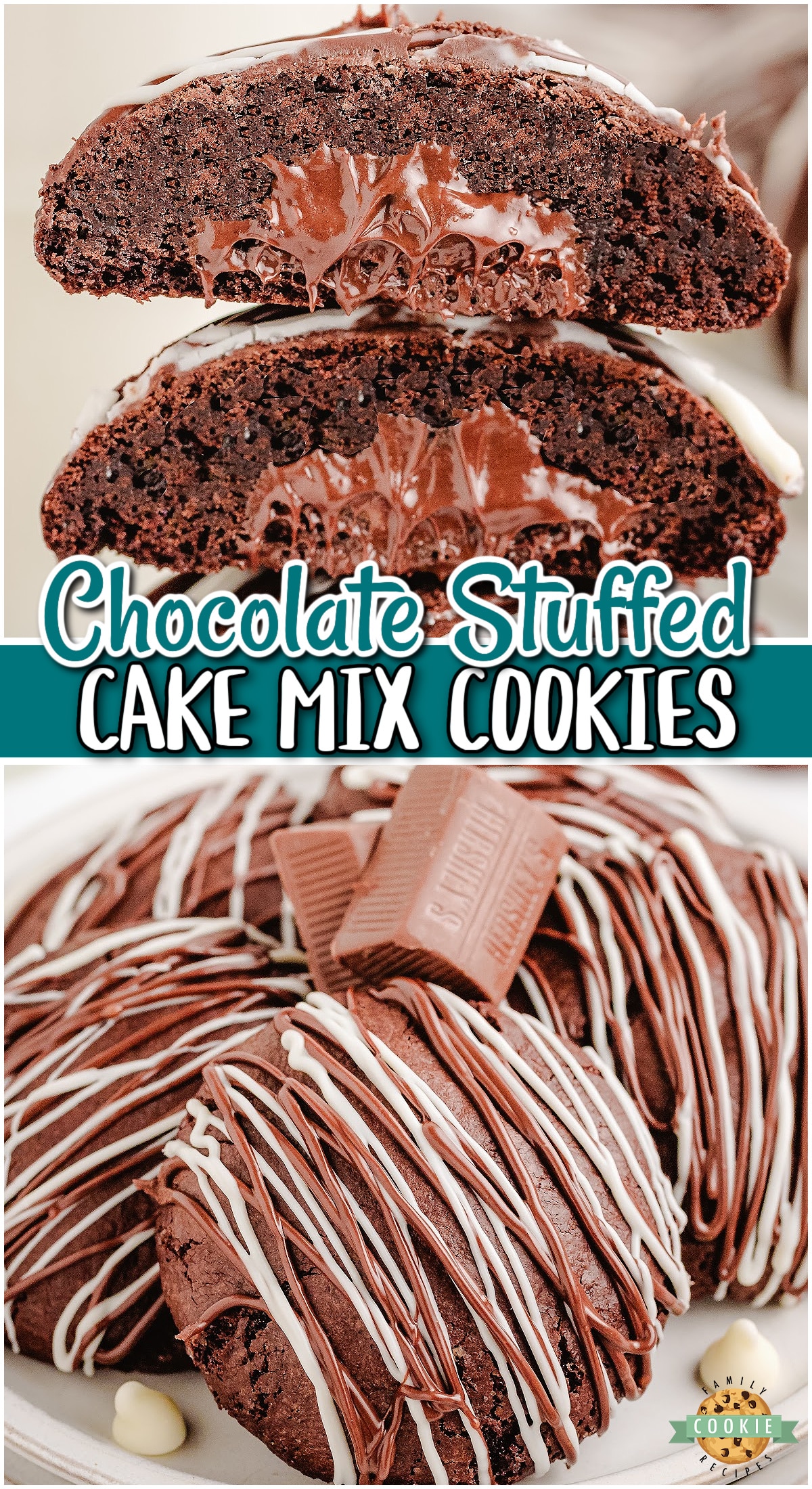 Chocolate Stuffed Cake Mix Cookies are made with simple chocolate cake mix dough, encasing a chocolate nugget, with melted chocolate on top to create the ultimate triple chocolate cookies!