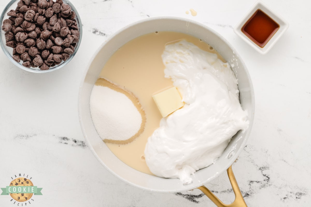 Marshmallow cream, sugar, milk, and butter in a saucepan. 