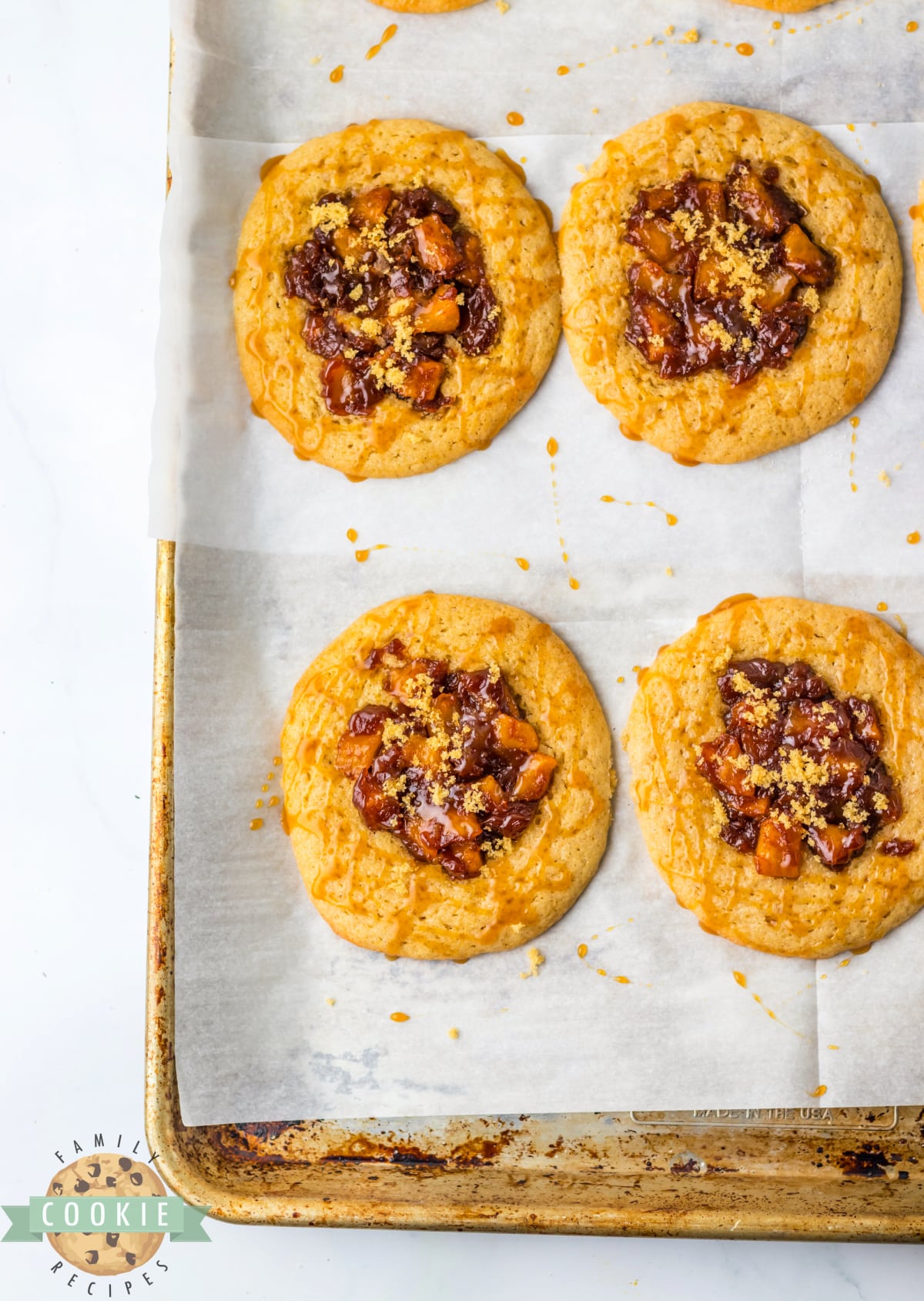 Drizzle caramel and sprinkle brown sugar on top of baked cookies. 