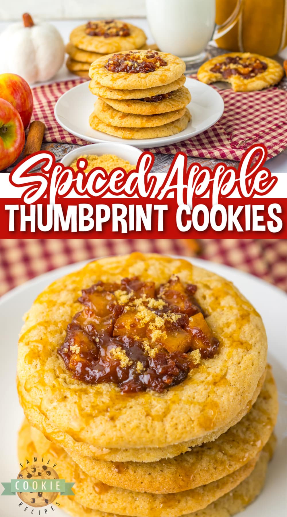 Spiced Apple Thumbprint Cookies are soft cinnamon cookies with gooey, spiced apples on top. Drizzle caramel on top and serve these delicious apple cookies with a scoop of vanilla ice cream!